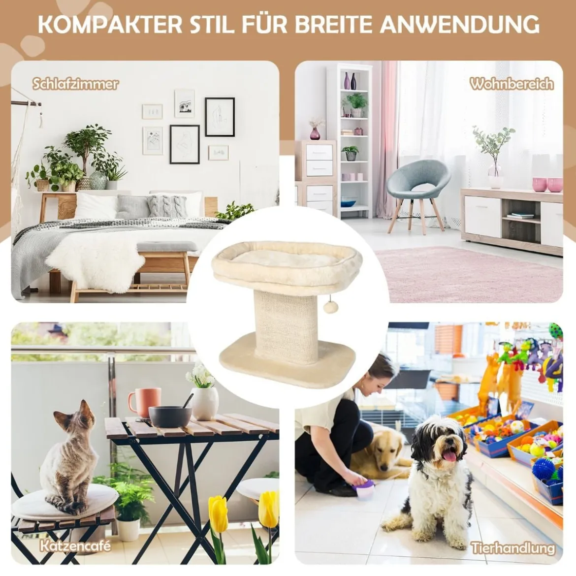 Moderner Kratzbaum Katzenmöbel mit großer Plüschsitzfläche & Sisal-Kratzplatte Beige