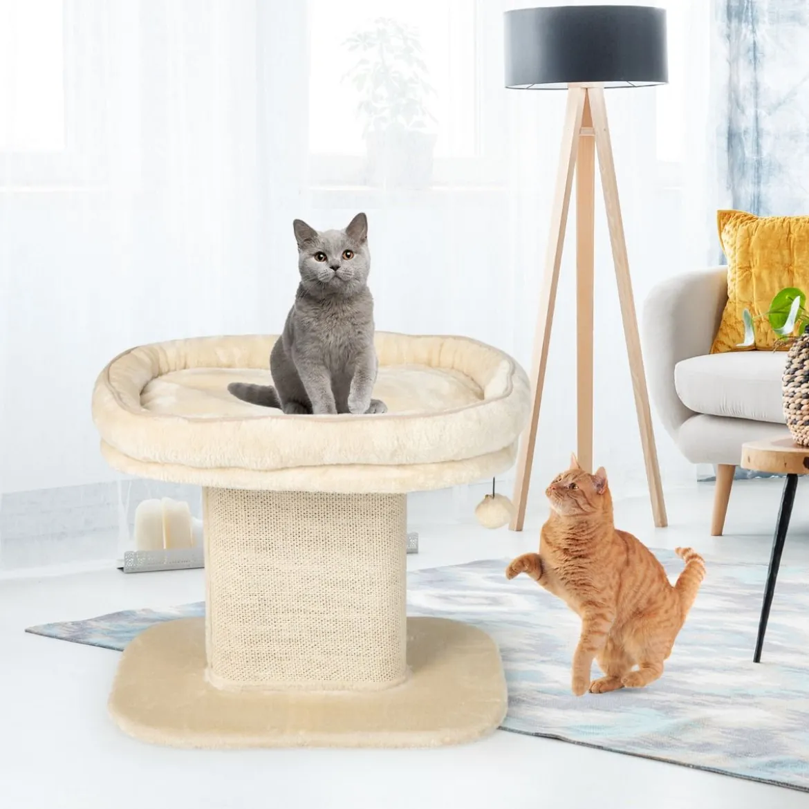 Moderner Kratzbaum Katzenmöbel mit großer Plüschsitzfläche & Sisal-Kratzplatte Beige
