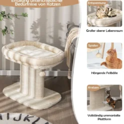 Moderner Kratzbaum Katzenmöbel mit großer Plüschsitzfläche & Sisal-Kratzplatte Beige