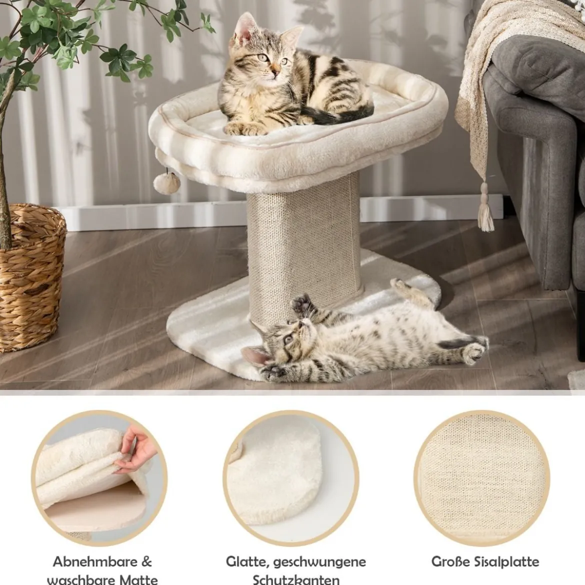 Moderner Kratzbaum Katzenmöbel mit großer Plüschsitzfläche & Sisal-Kratzplatte Beige