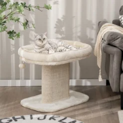 Moderner Kratzbaum Katzenmöbel mit großer Plüschsitzfläche & Sisal-Kratzplatte Beige