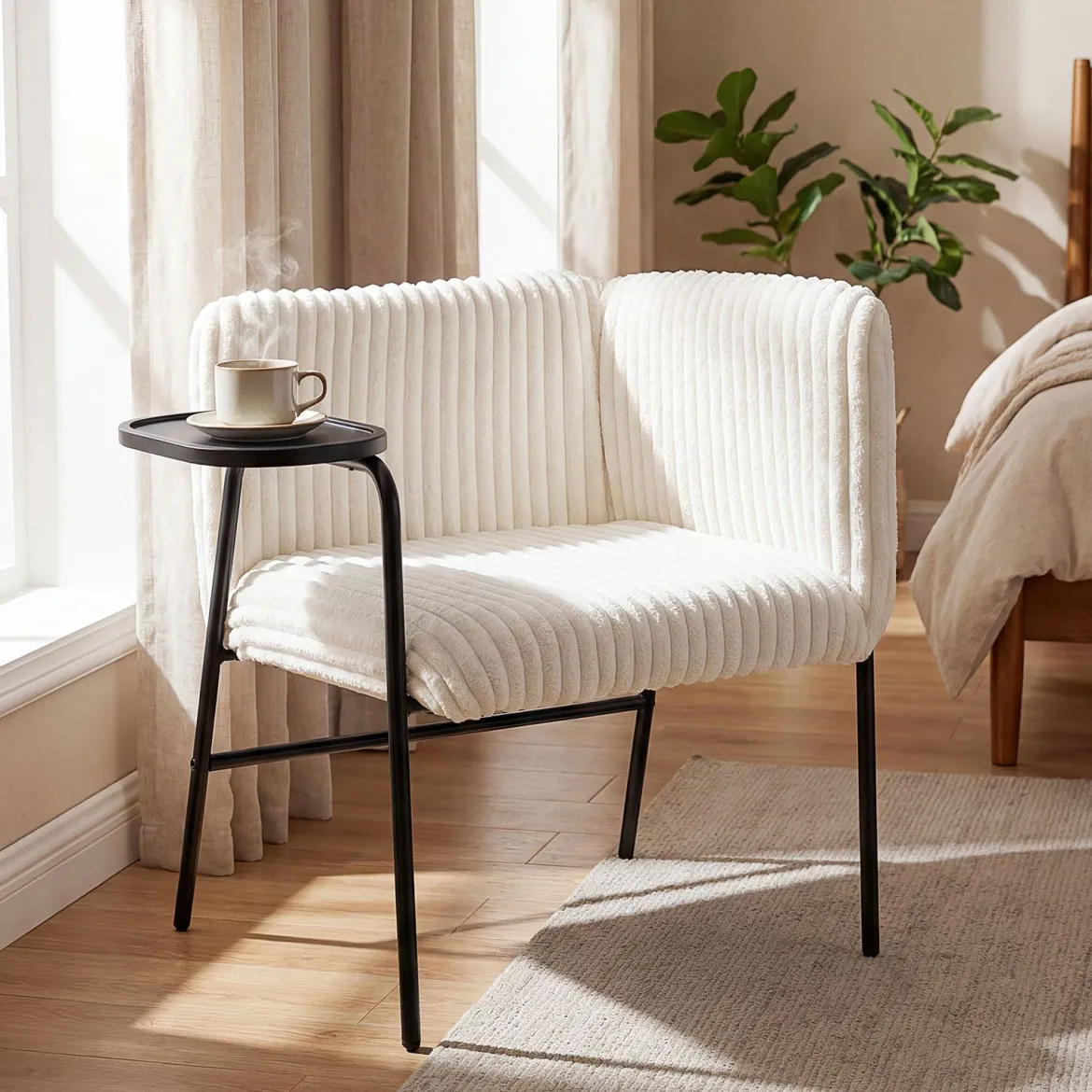 Moderner Loungesofa mit Tablett Cordstoff-polsterter Akzentstuhl Sessel mit stabilem Metallrahmen Beige