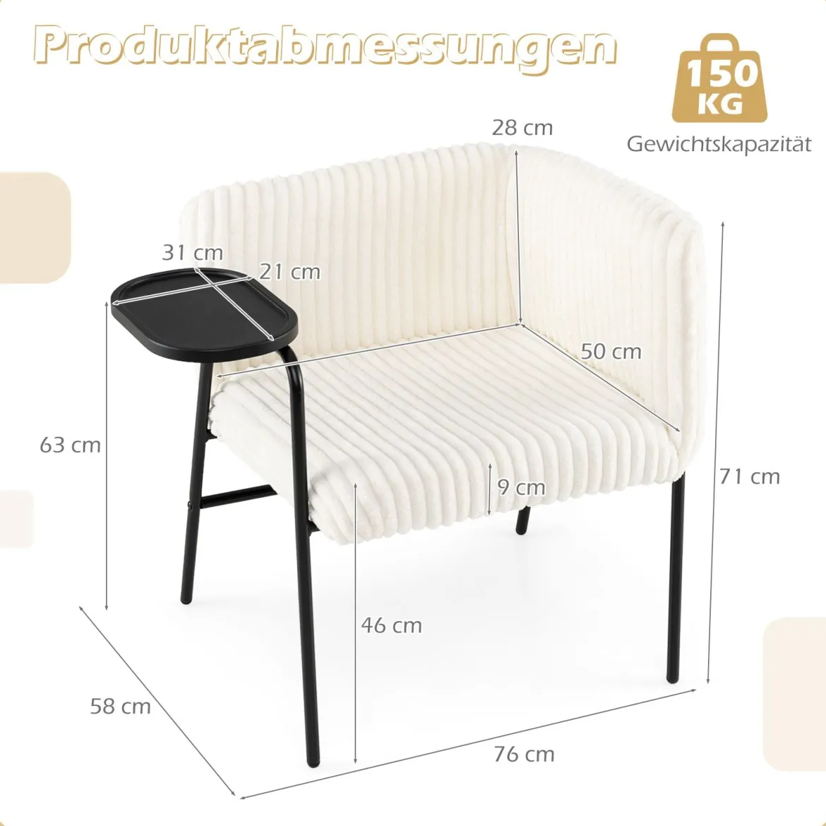Moderner Loungesofa mit Tablett Cordstoff-polsterter Akzentstuhl Sessel mit stabilem Metallrahmen Beige
