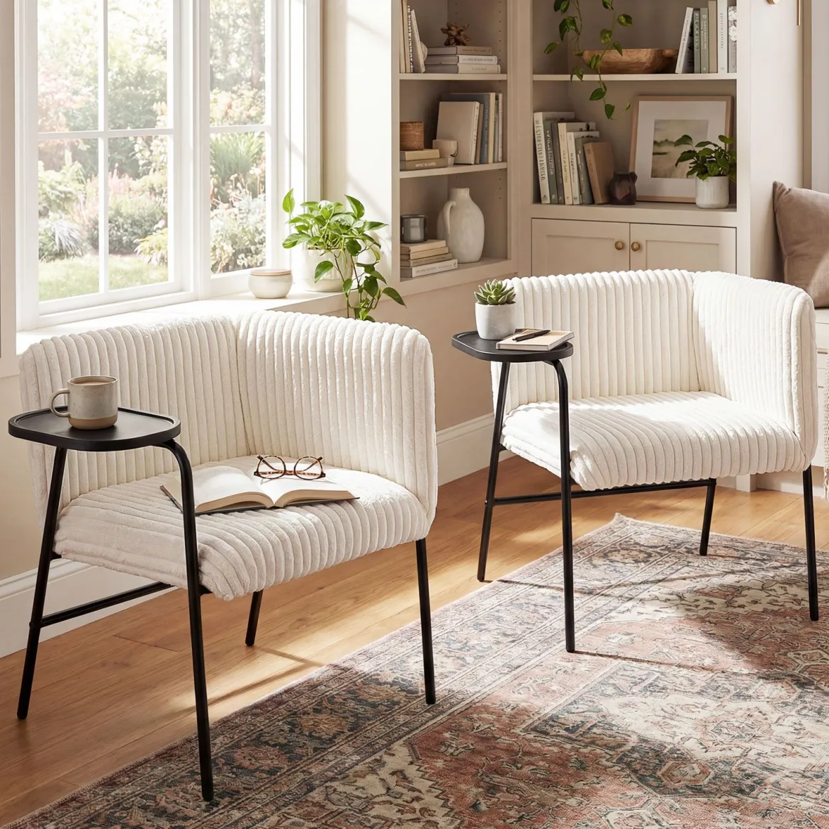Moderner Loungesofa mit Tablett Cordstoff-polsterter Akzentstuhl Sessel mit stabilem Metallrahmen Beige