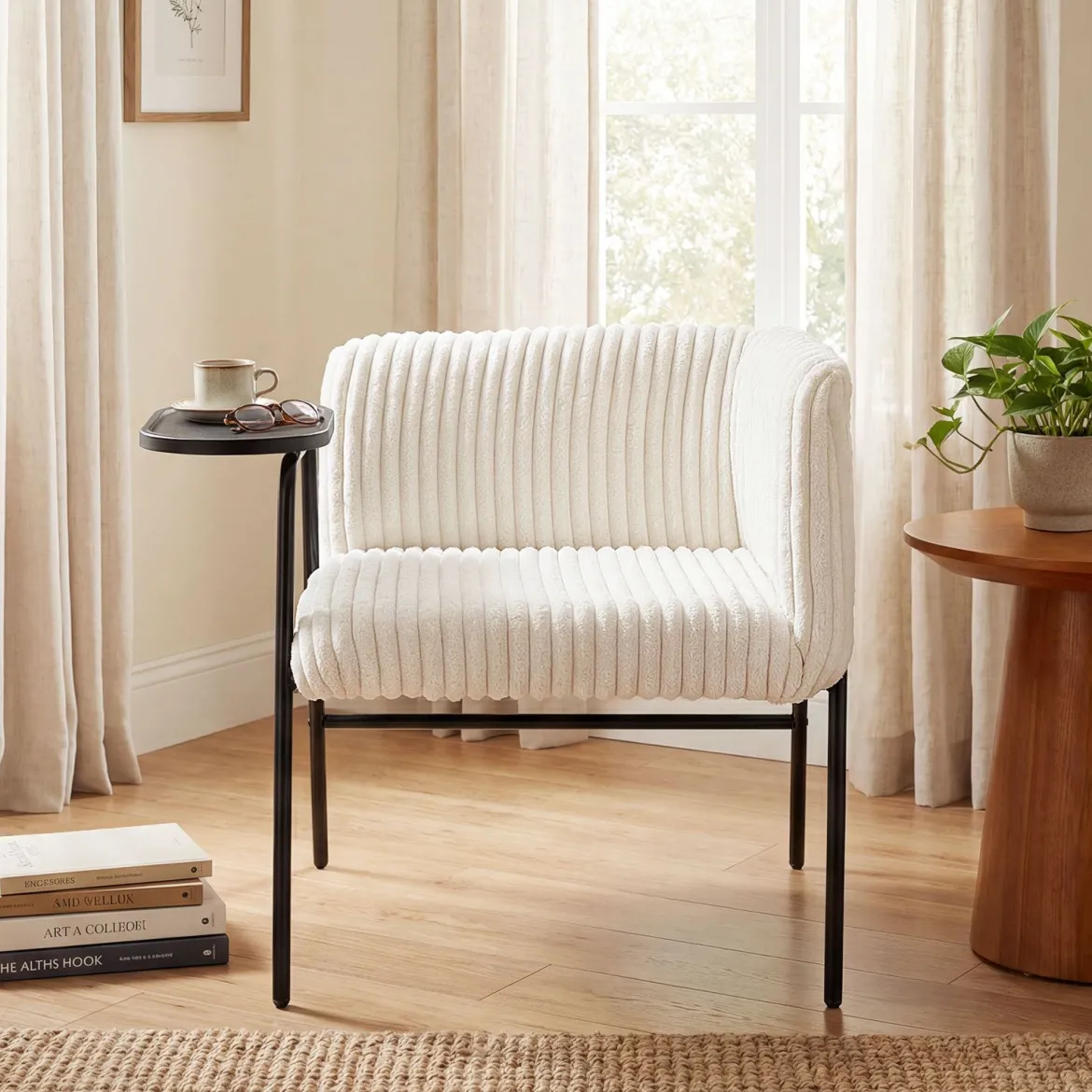 Moderner Loungesofa mit Tablett Cordstoff-polsterter Akzentstuhl Sessel mit stabilem Metallrahmen Beige