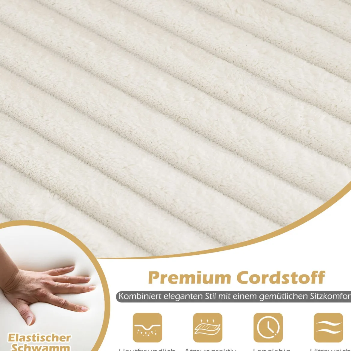 Moderner Loungesofa mit Tablett Cordstoff-polsterter Akzentstuhl Sessel mit stabilem Metallrahmen Beige
