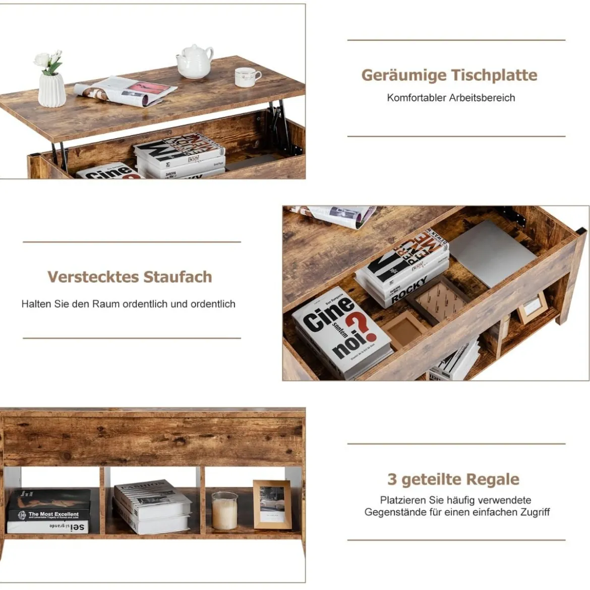 Moderner Multifunktionaler Couchtisch mit Aufklappbarer Platte für Wohnzimmer Braun