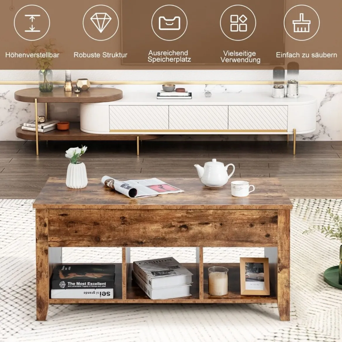 Moderner Multifunktionaler Couchtisch mit Aufklappbarer Platte für Wohnzimmer Braun