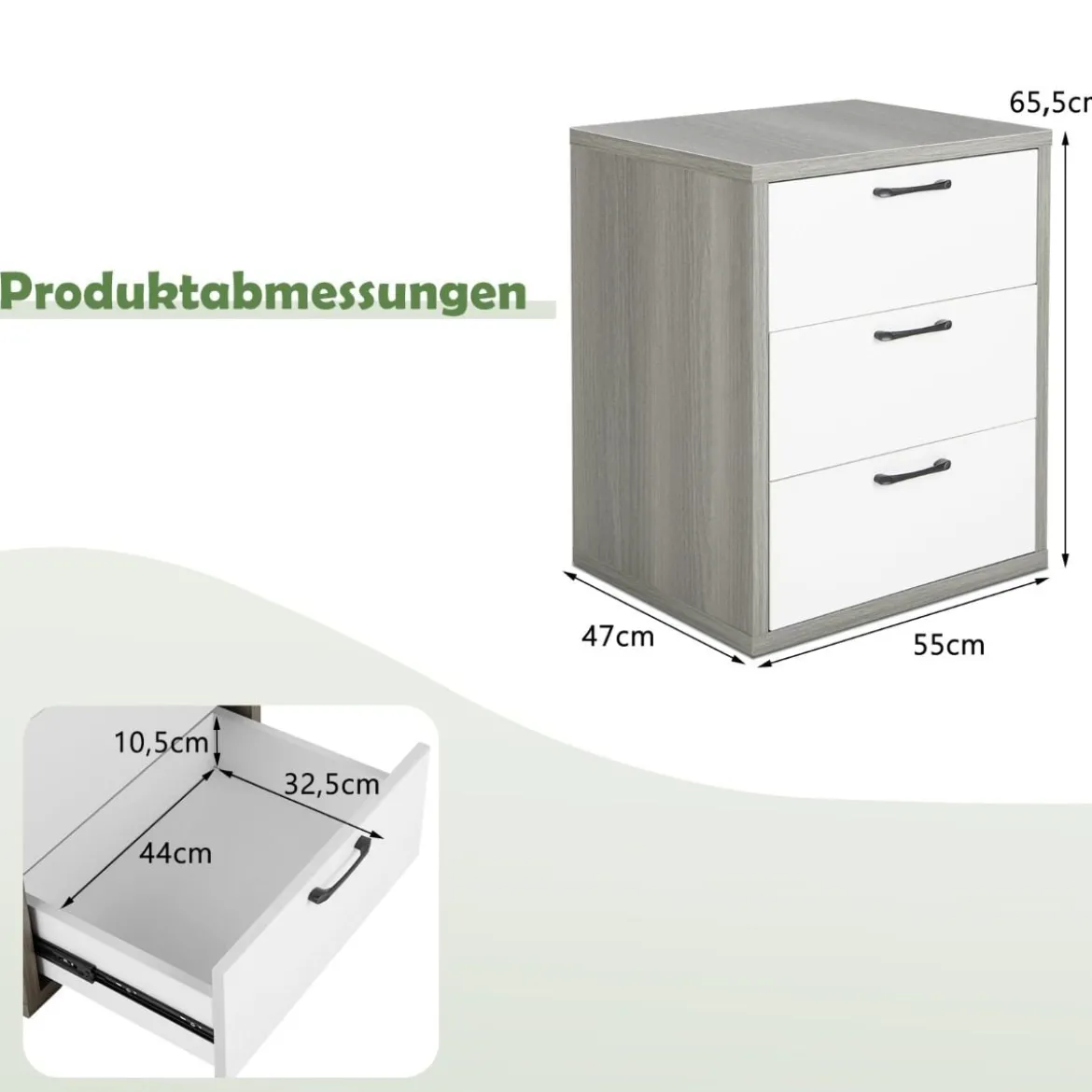 Moderner Nachttisch aus Holz mit 3 Ausziehbaren Schubladen 55 x 47 x 65,5 cm Grau + Weiß