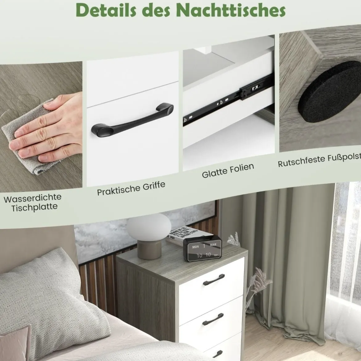 Moderner Nachttisch aus Holz mit 3 Ausziehbaren Schubladen 55 x 47 x 65,5 cm Grau + Weiß