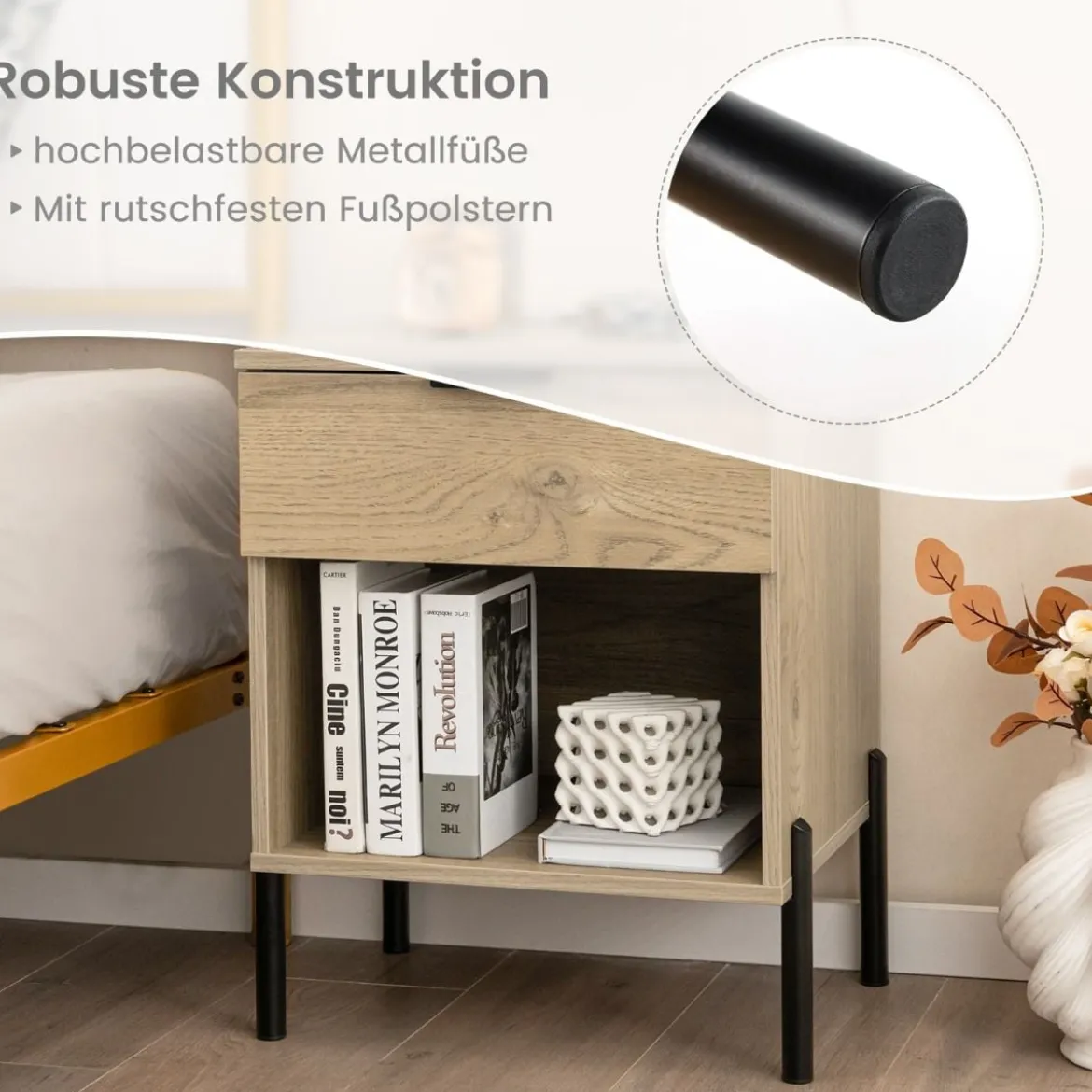 Moderner Nachttisch mit Ladestation & Schublade & Offenem Fach Beistelltisch Ablagetisch