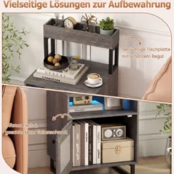 Moderner Nachttisch mit LED-Lichtern & Oberem Tablett Beistelltisch Sofatisch Nachtschrank Grau