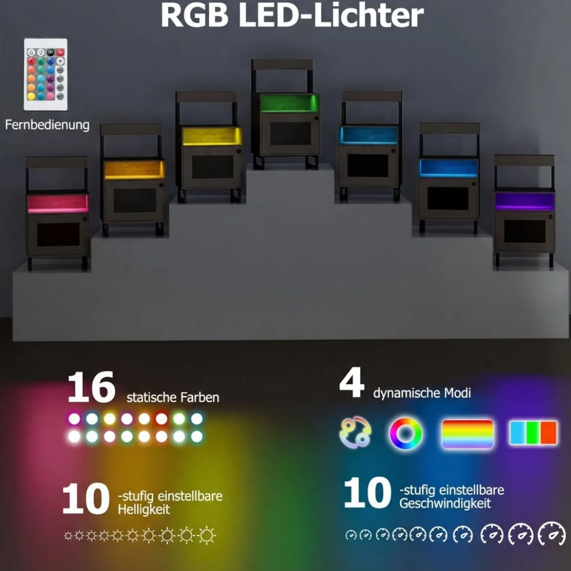 Moderner Nachttisch mit LED-Lichtern & Oberem Tablett Beistelltisch Sofatisch Nachtschrank Grau