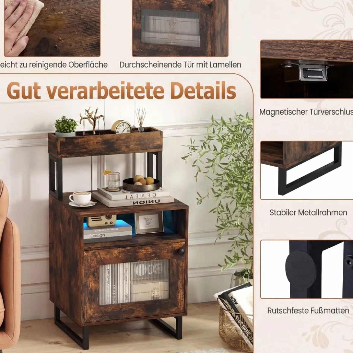 Moderner Nachttisch mit LED-Lichtern & Oberem Tablett Beistelltisch Sofatisch Nachtschrank Rustikal Braun