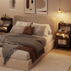 Moderner Nachttisch mit LED-Lichtern & Oberem Tablett Beistelltisch Sofatisch Nachtschrank Rustikal Braun