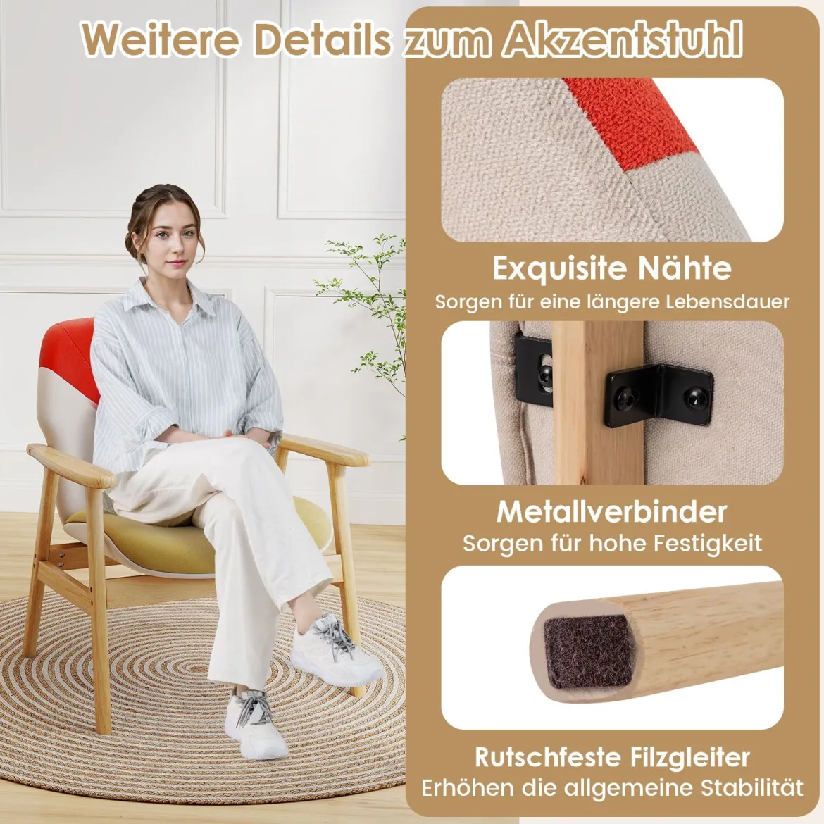 Moderner Ohrensessel mit Holzrahmen & Sitzkissen Loungesessel Polstersessel Relaxsessel Bunt