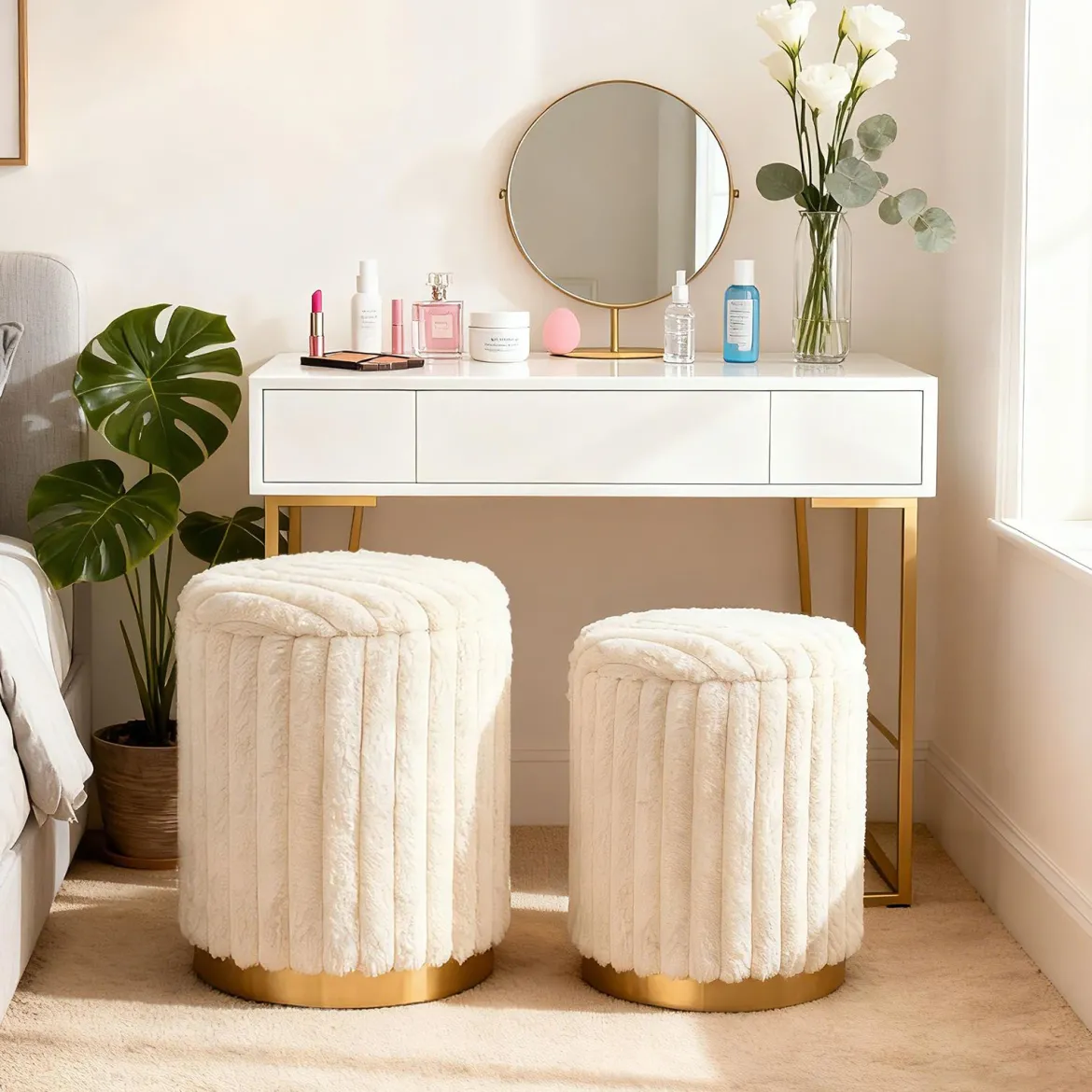 Moderner Ottoman-Set 2er 32 L + 21 L Rundhocker mit Hasenfell-Bezug abnehmbare Deckel Beige