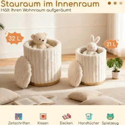 Moderner Ottoman-Set 2er 32 L + 21 L Rundhocker mit Hasenfell-Bezug abnehmbare Deckel Beige