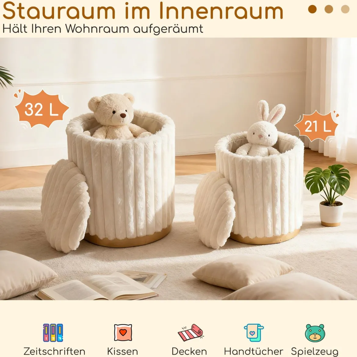 Moderner Ottoman-Set 2er 32 L + 21 L Rundhocker mit Hasenfell-Bezug abnehmbare Deckel Beige