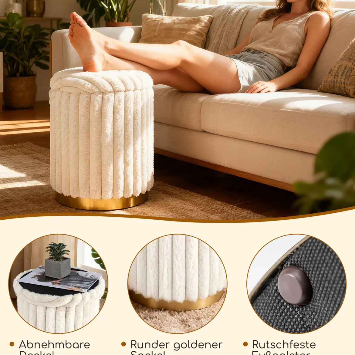 Moderner Ottoman-Set 2er 32 L + 21 L Rundhocker mit Hasenfell-Bezug abnehmbare Deckel Beige