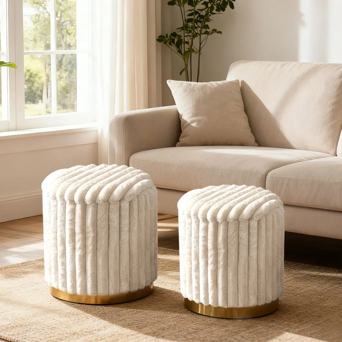 Moderner Ottoman-Set 2er 32 L + 21 L Rundhocker mit Hasenfell-Bezug abnehmbare Deckel Beige