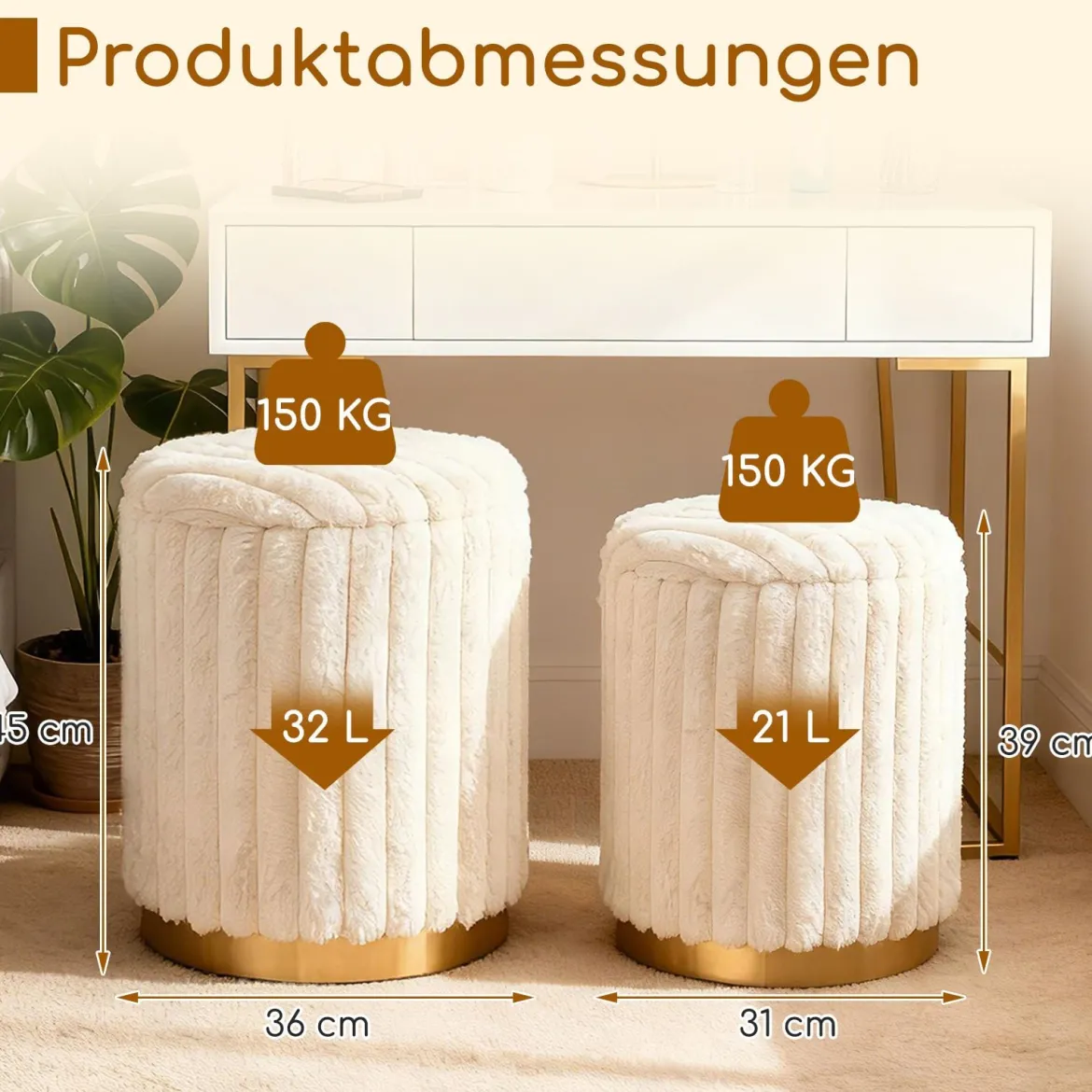 Moderner Ottoman-Set 2er 32 L + 21 L Rundhocker mit Hasenfell-Bezug abnehmbare Deckel Beige