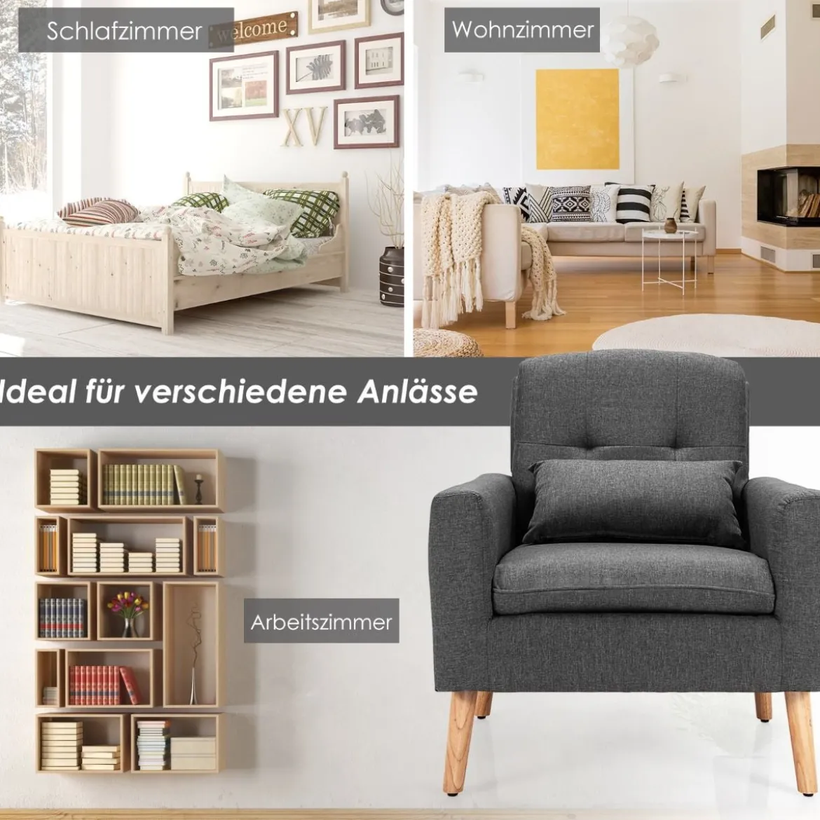 Moderner Relaxsessel mit Armlehnen & Rückenkissen Gepolstertes Einzelsofa Grau 73 x 77 x 85 cm