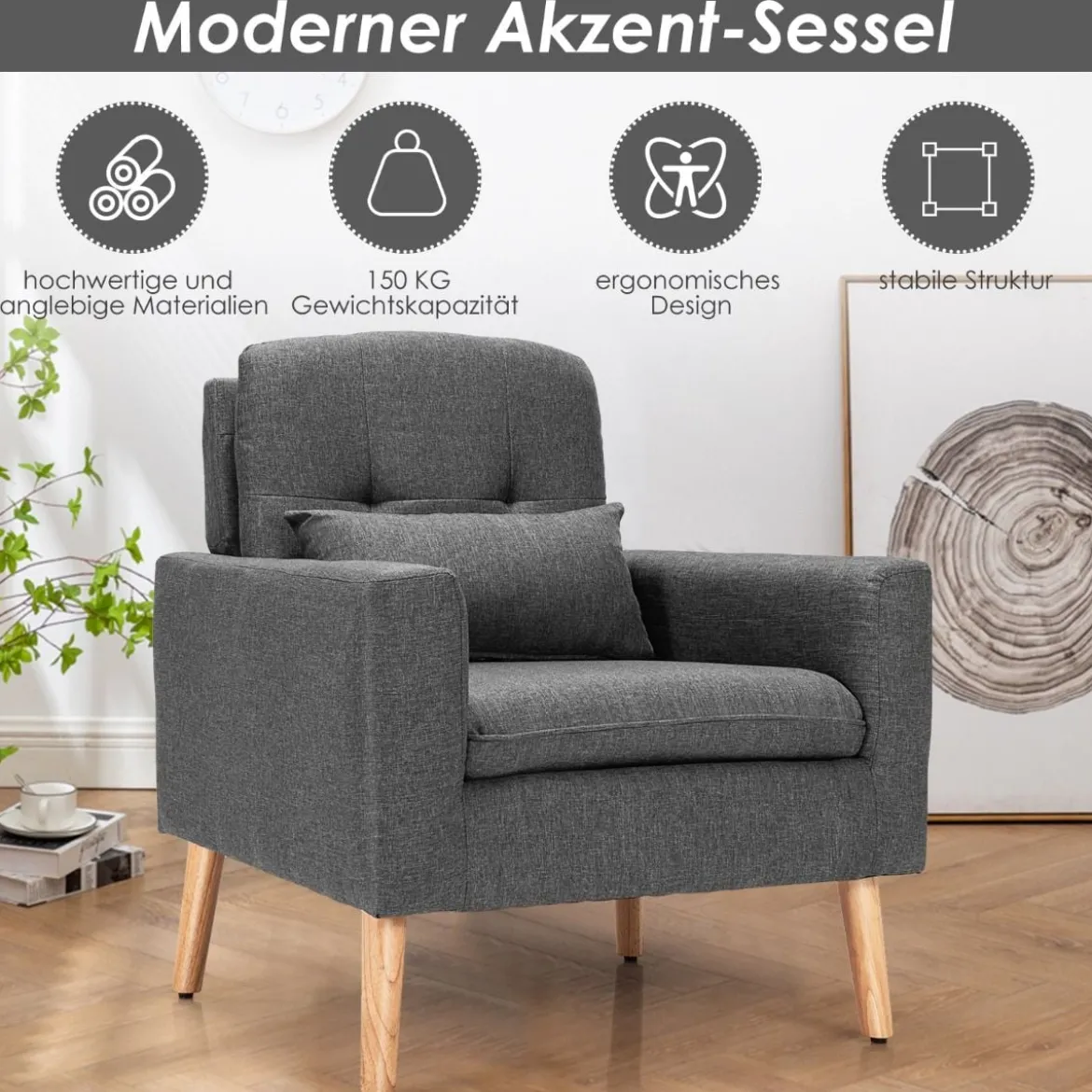 Moderner Relaxsessel mit Armlehnen & Rückenkissen Gepolstertes Einzelsofa Grau 73 x 77 x 85 cm