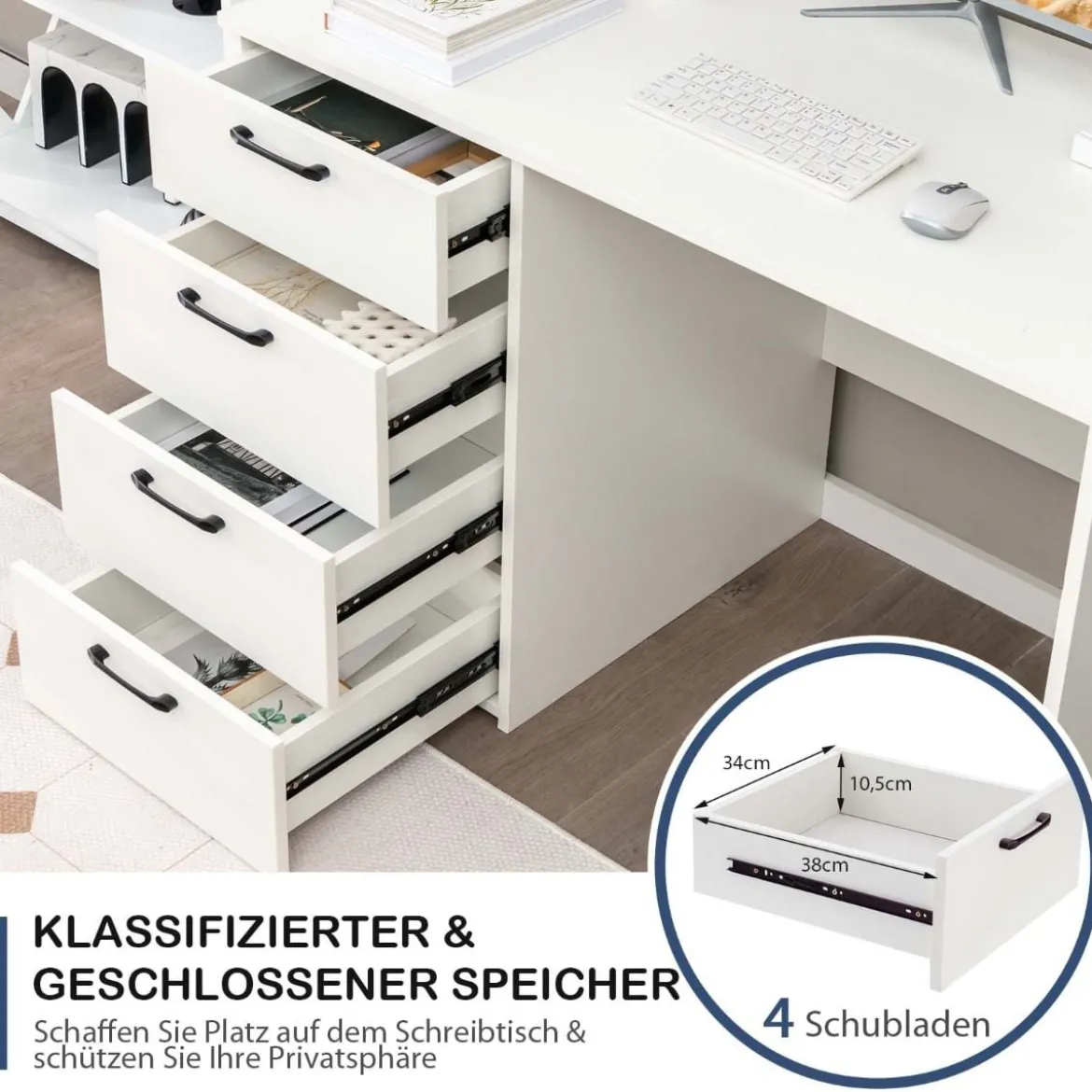 Moderner Schreibtisch mit 4 Schubladen Home Office Computertisch 110 x 60 x 76 cm Weiß