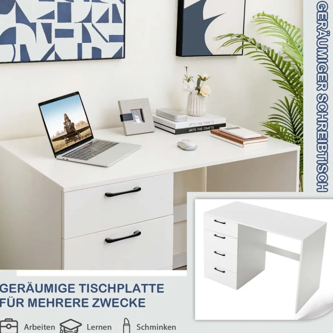 Moderner Schreibtisch mit 4 Schubladen Home Office Computertisch 110 x 60 x 76 cm Weiß