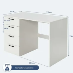 Moderner Schreibtisch mit 4 Schubladen Home Office Computertisch 110 x 60 x 76 cm Weiß