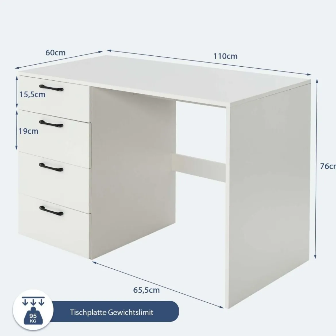 Moderner Schreibtisch mit 4 Schubladen Home Office Computertisch 110 x 60 x 76 cm Weiß