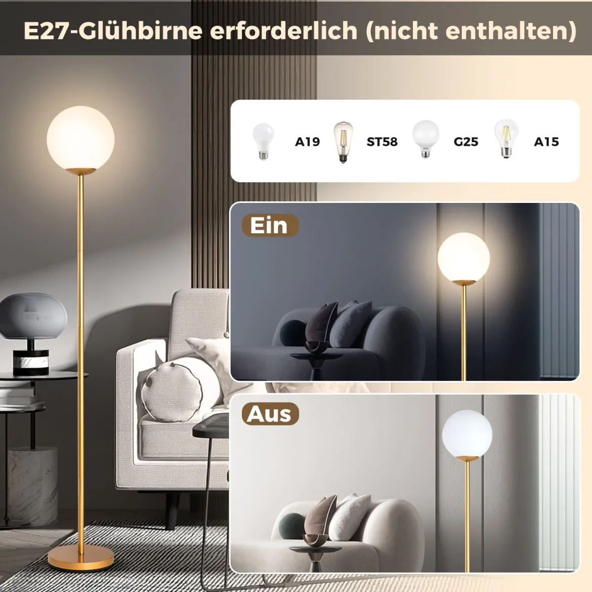Moderner Stehlampe 165 cm hohe Stehlampe mit Glasschirm & gewichteter Basis Fußschalter Golden