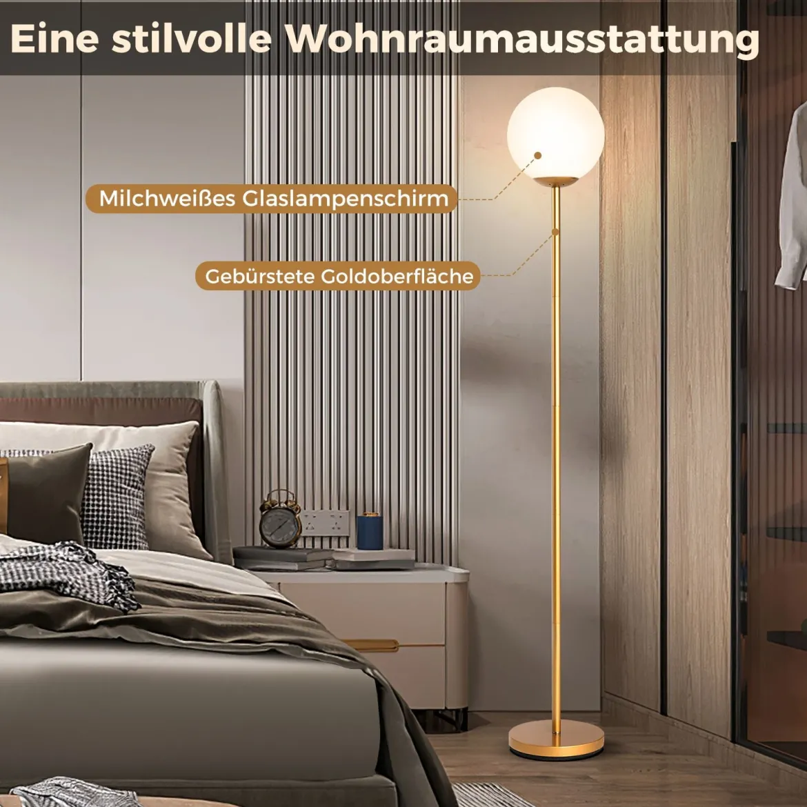Moderner Stehlampe 165 cm hohe Stehlampe mit Glasschirm & gewichteter Basis Fußschalter Golden