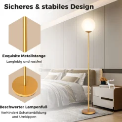 Moderner Stehlampe 165 cm hohe Stehlampe mit Glasschirm & gewichteter Basis Fußschalter Golden