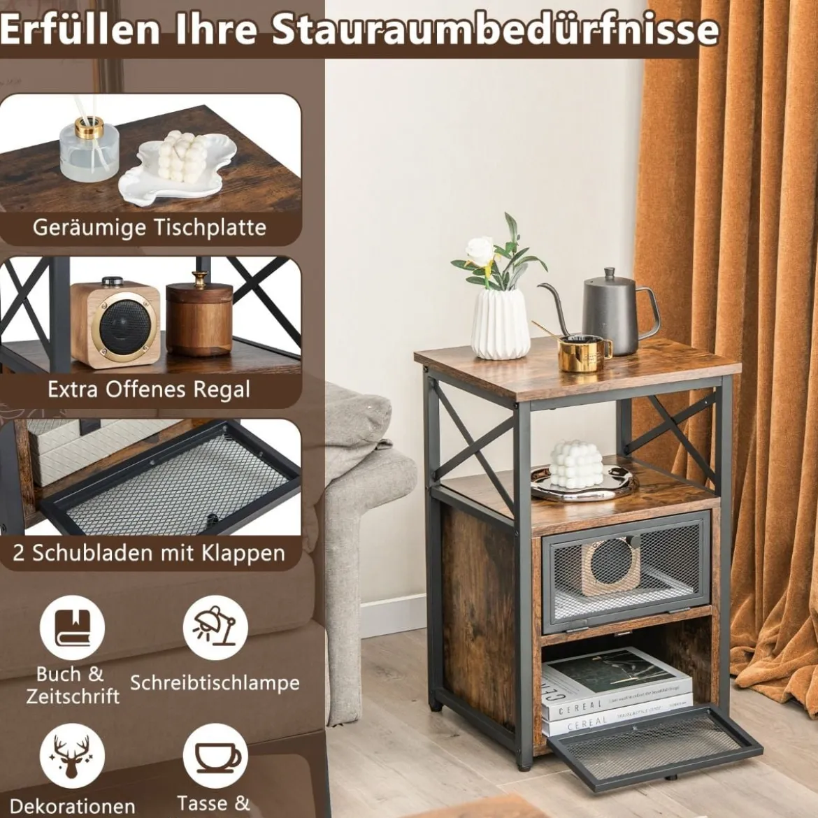 Moderner Stubentisch mit 2 Klappschubladen & offenem Regal Rustikal Braun