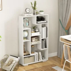Modernes Bücherregal mit Offenen Ablagen & Kippschutz Geometrisches Mehrzweckregal Weiß