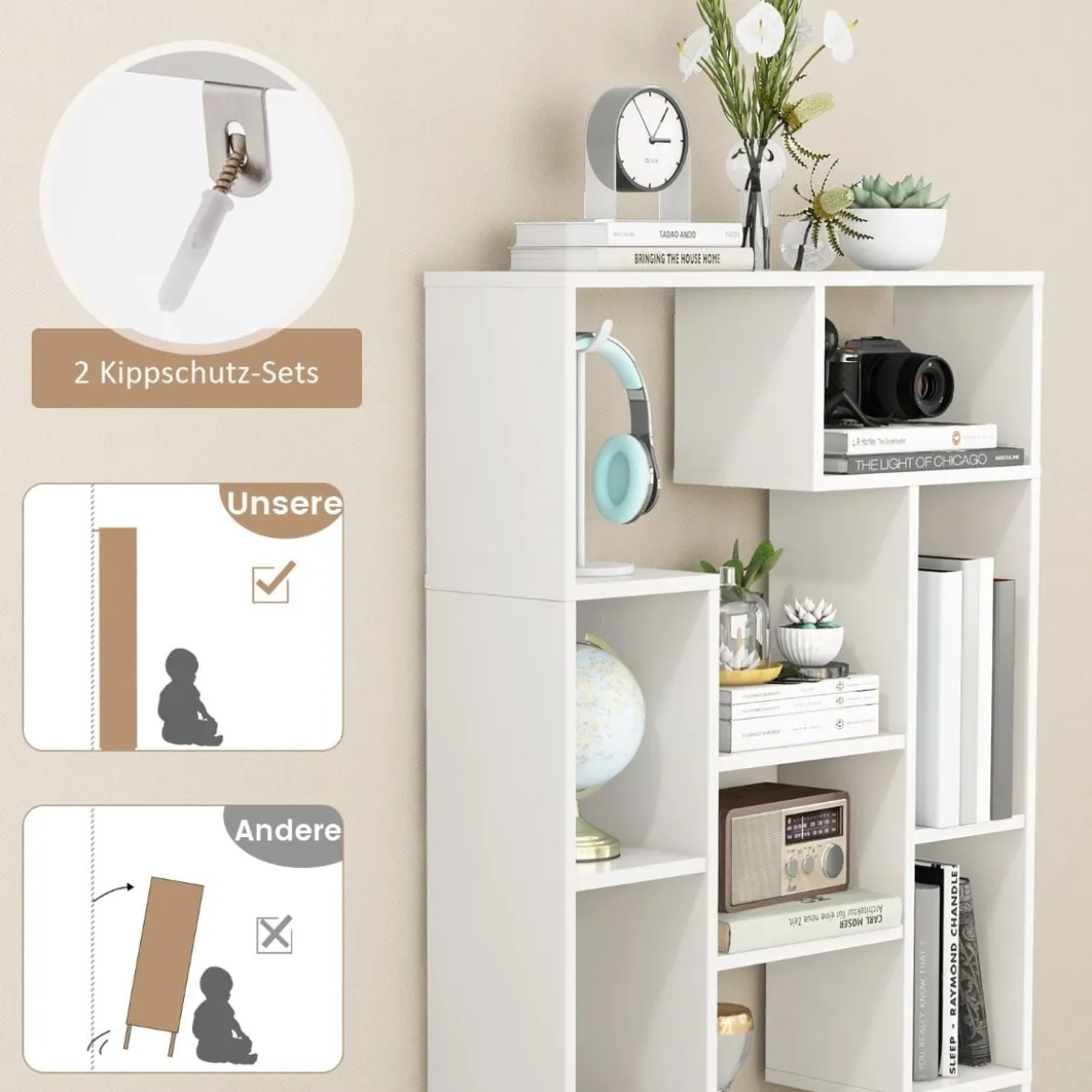 Modernes Bücherregal mit Offenen Ablagen & Kippschutz Geometrisches Mehrzweckregal Weiß