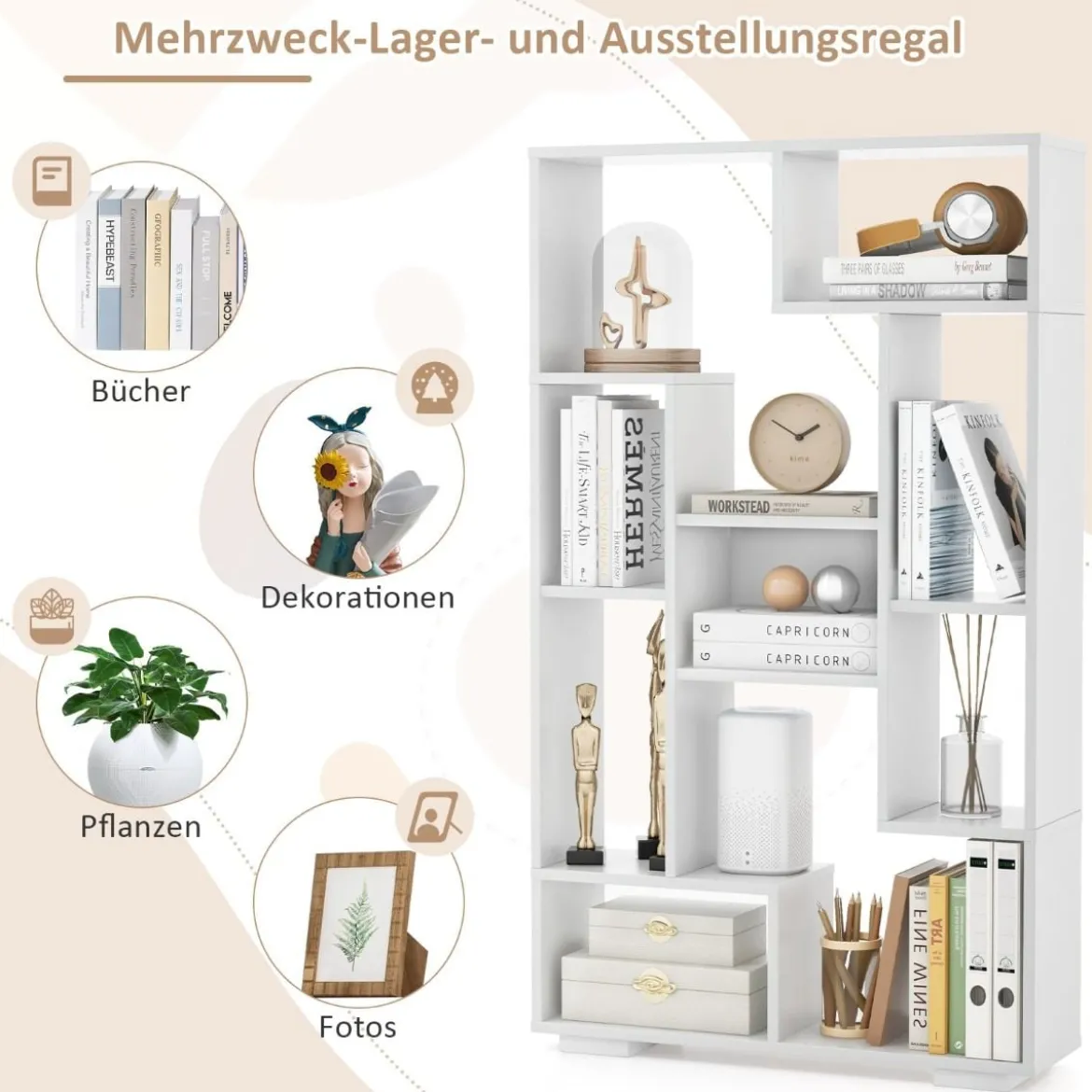 Modernes Bücherregal mit Offenen Ablagen & Kippschutz Geometrisches Mehrzweckregal Weiß