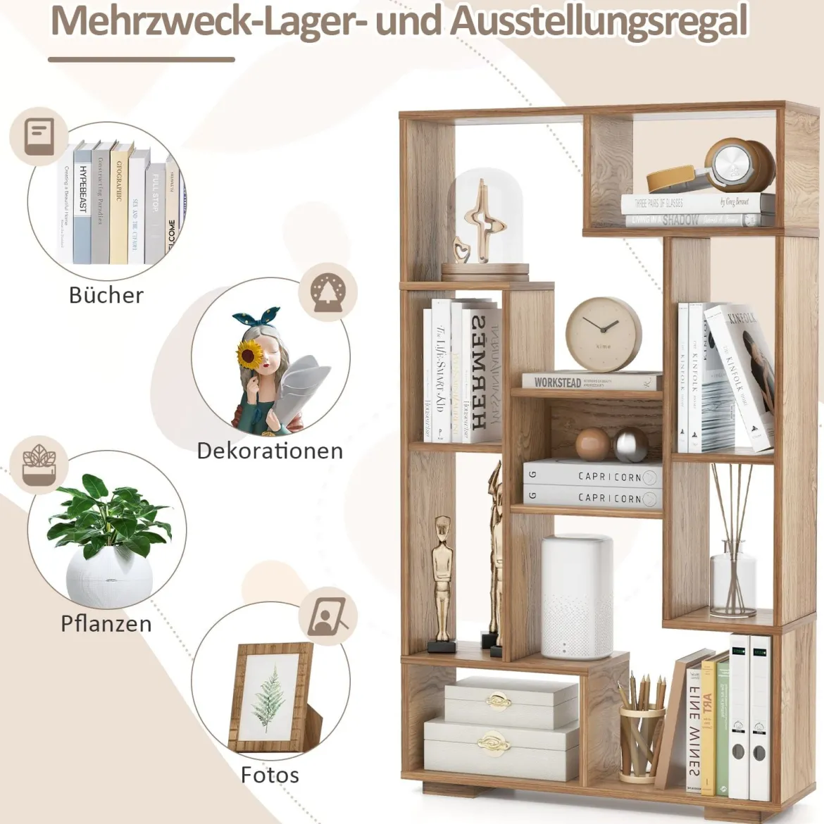 Modernes Bücherregal mit Offenen Ablagen & Kippschutz Geometrisches Mehrzweckregal Natur