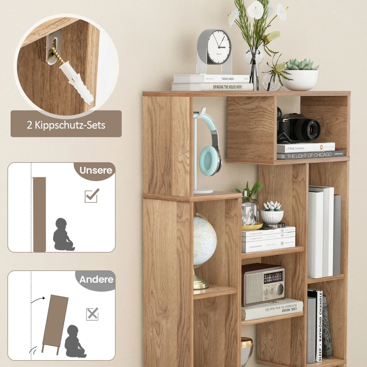 Modernes Bücherregal mit Offenen Ablagen & Kippschutz Geometrisches Mehrzweckregal Natur