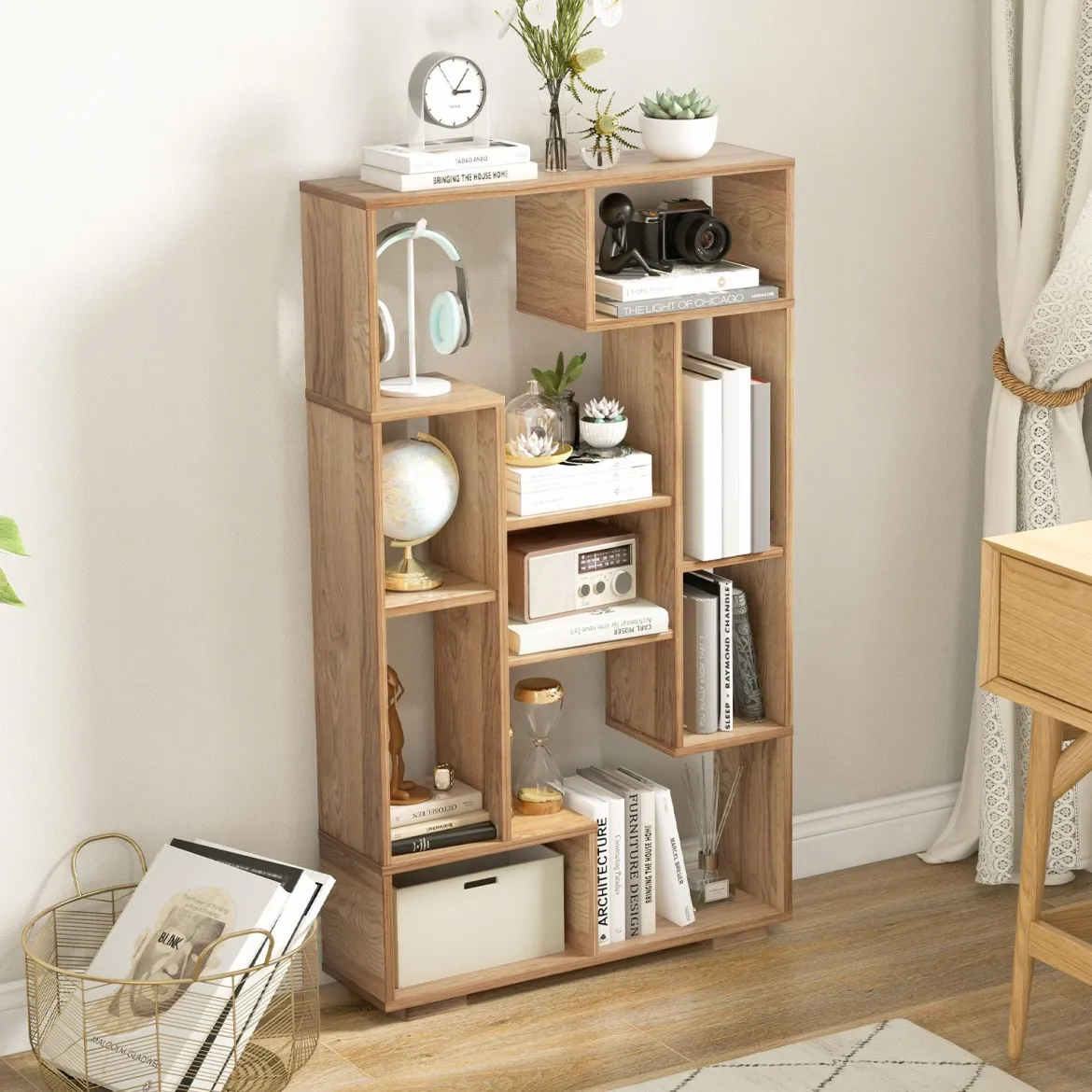 Modernes Bücherregal mit Offenen Ablagen & Kippschutz Geometrisches Mehrzweckregal Natur