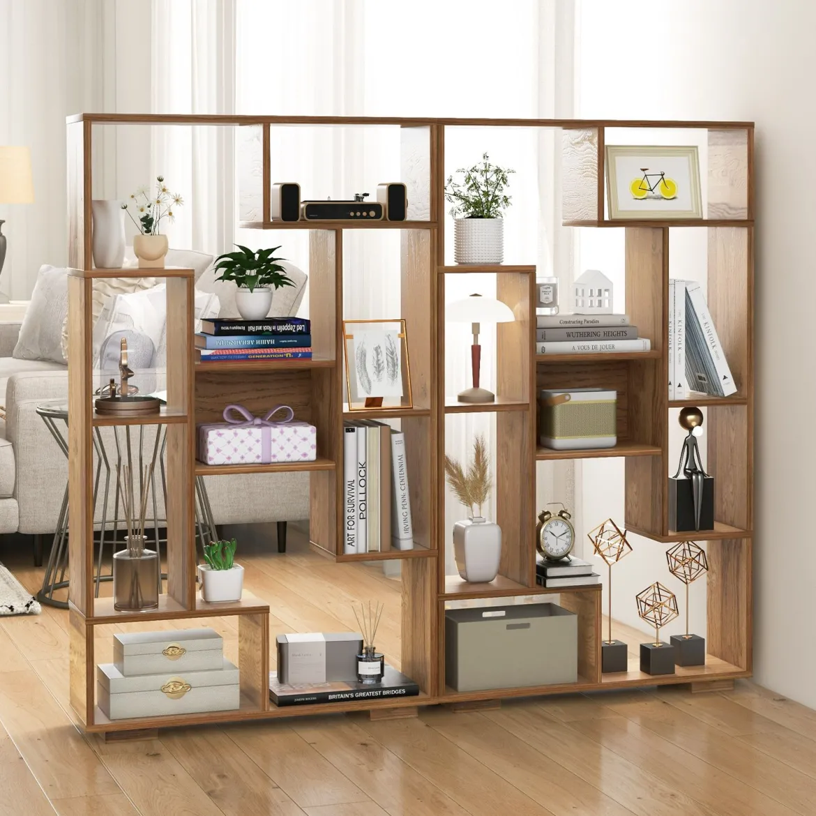 Modernes Bücherregal mit Offenen Ablagen & Kippschutz Geometrisches Mehrzweckregal Natur