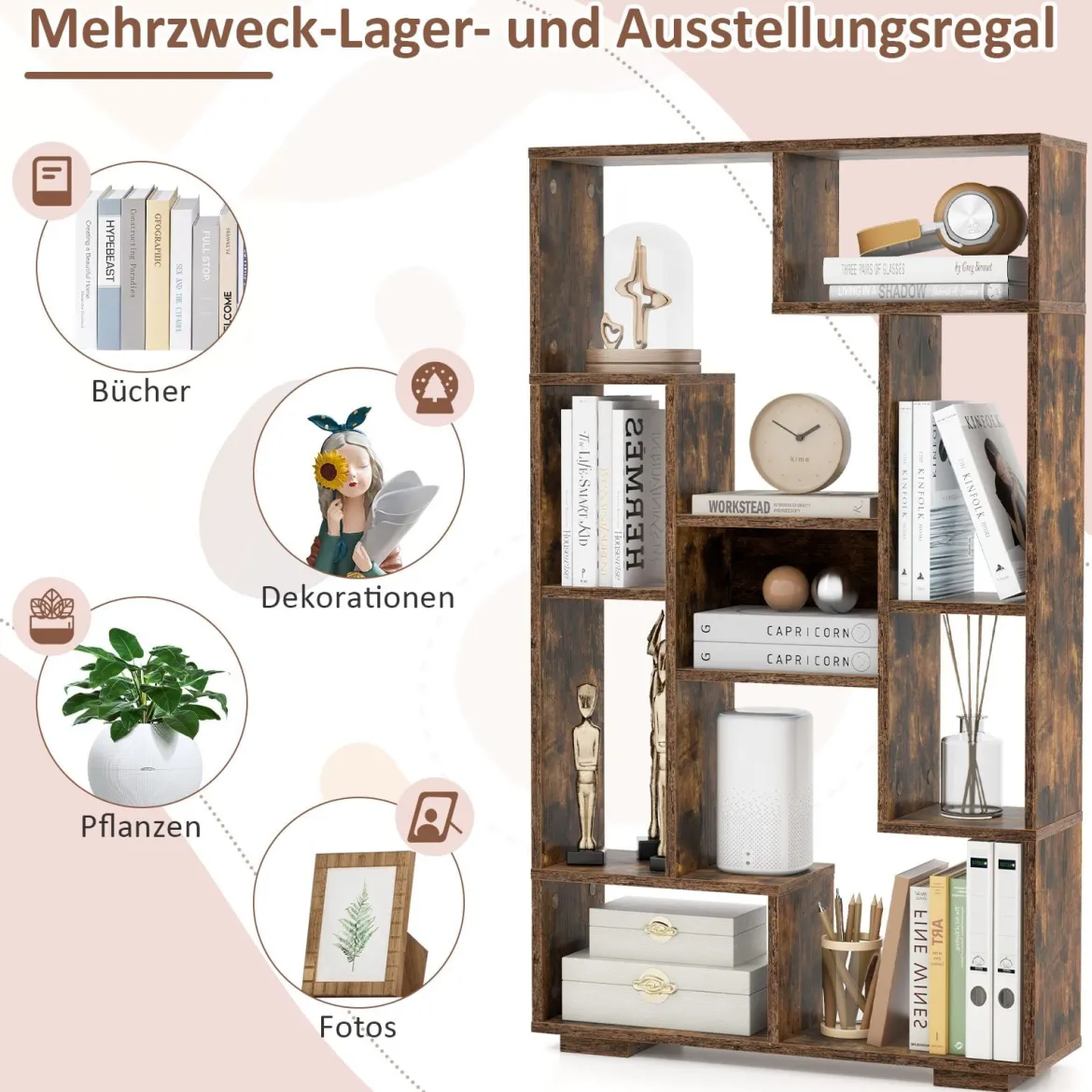 Modernes Bücherregal mit Offenen Ablagen & Kippschutz Geometrisches Mehrzweckregal Braun