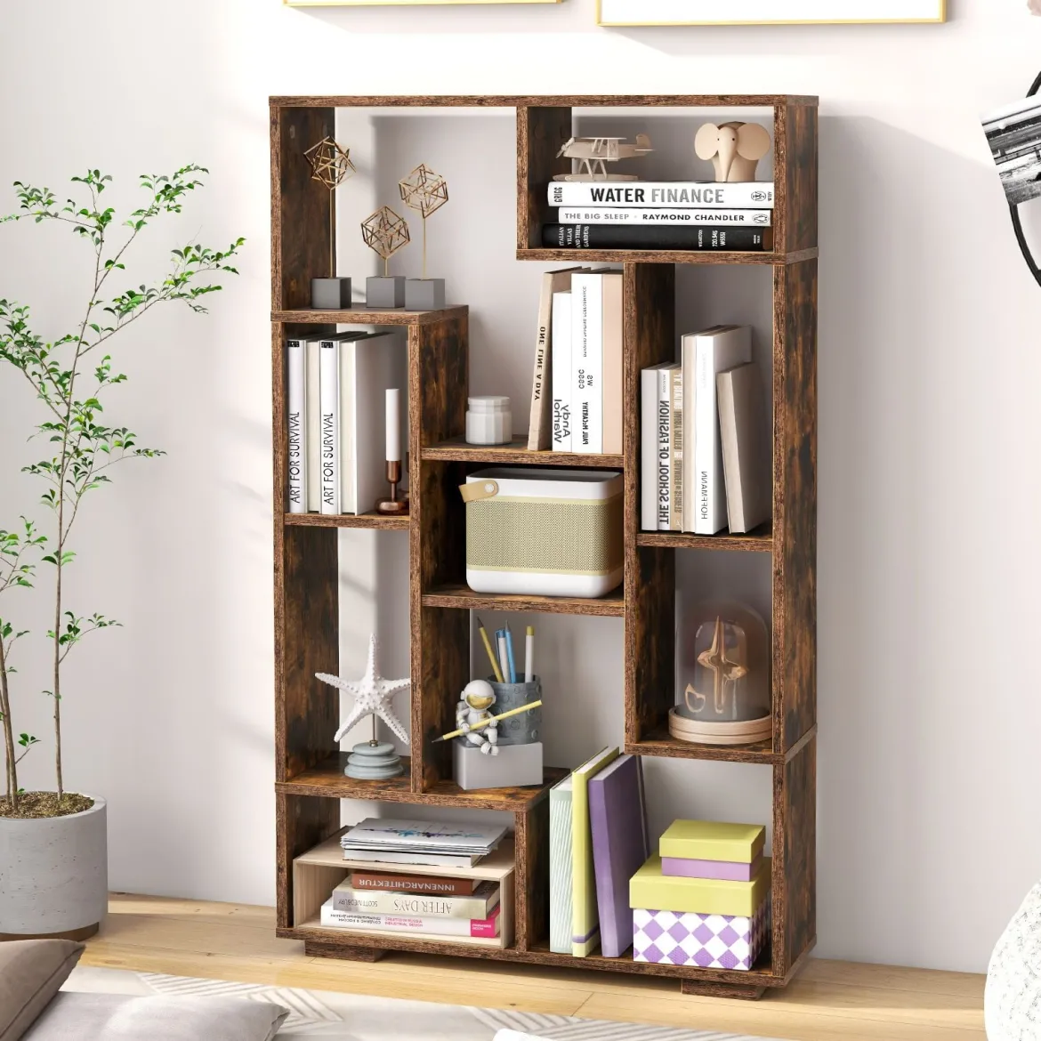 Modernes Bücherregal mit Offenen Ablagen & Kippschutz Geometrisches Mehrzweckregal Braun