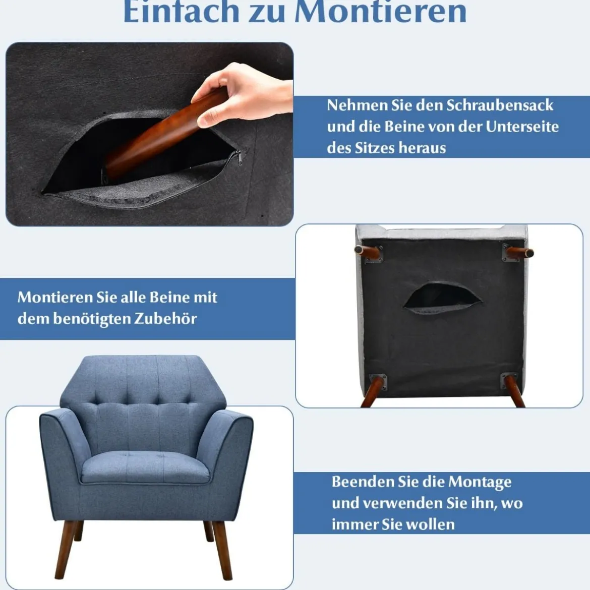 Modernes Einzelsofa Polstersessel mit Gummiholzbeinen Loungesessel mit Rückenlehne 76 x 74 x 84 cm Blau