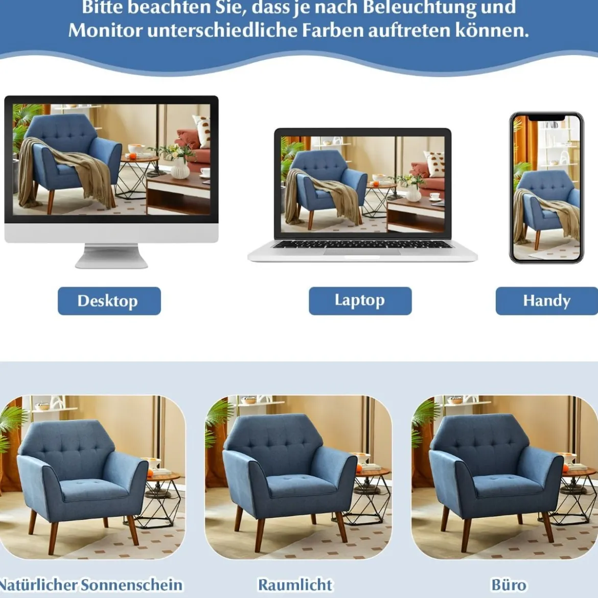 Modernes Einzelsofa Polstersessel mit Gummiholzbeinen Loungesessel mit Rückenlehne 76 x 74 x 84 cm Blau