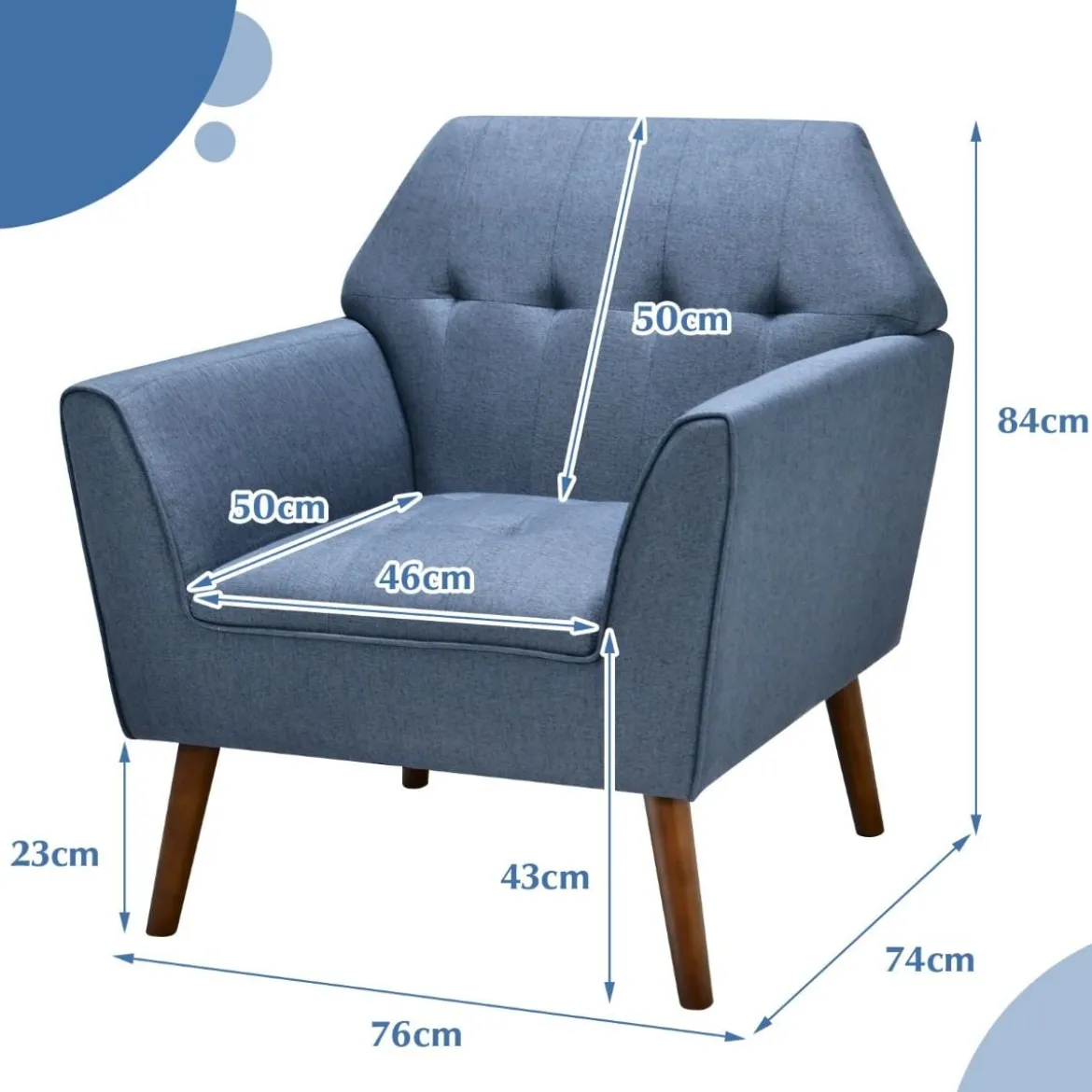Modernes Einzelsofa Polstersessel mit Gummiholzbeinen Loungesessel mit Rückenlehne 76 x 74 x 84 cm Blau