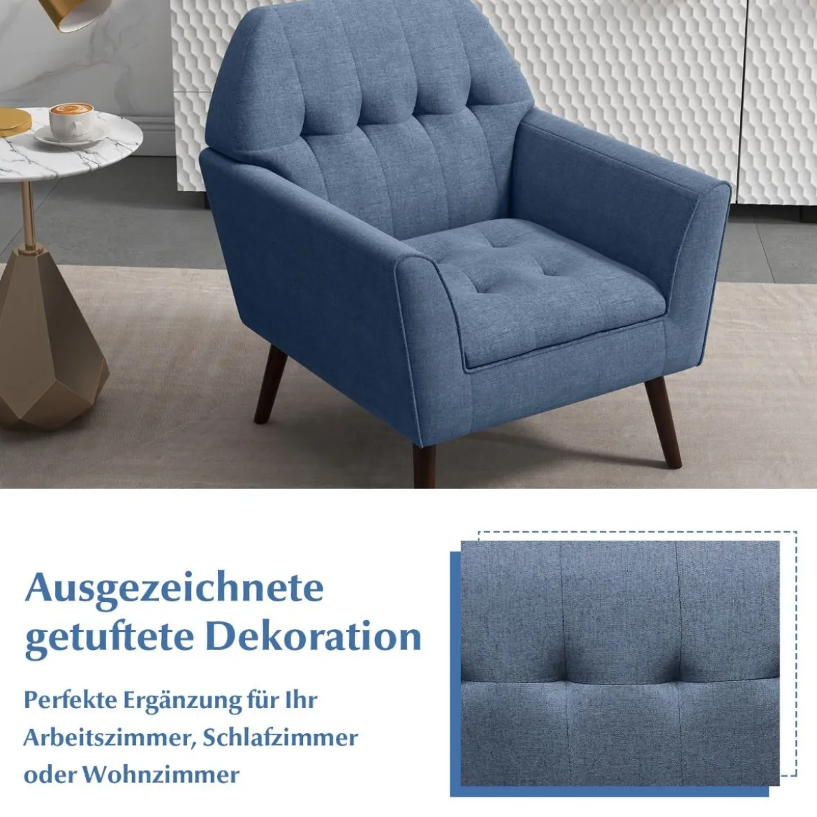 Modernes Einzelsofa Polstersessel mit Gummiholzbeinen Loungesessel mit Rückenlehne 76 x 74 x 84 cm Blau