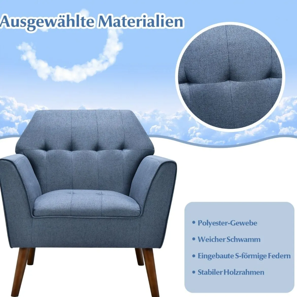 Modernes Einzelsofa Polstersessel mit Gummiholzbeinen Loungesessel mit Rückenlehne 76 x 74 x 84 cm Blau
